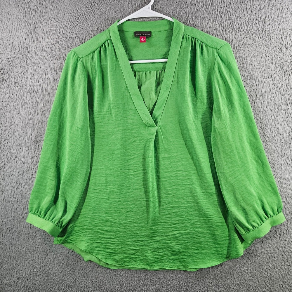Vince Camuto Womens Green V-Neck Pleated Long Sleeve Blouse Sz M Textured Satin